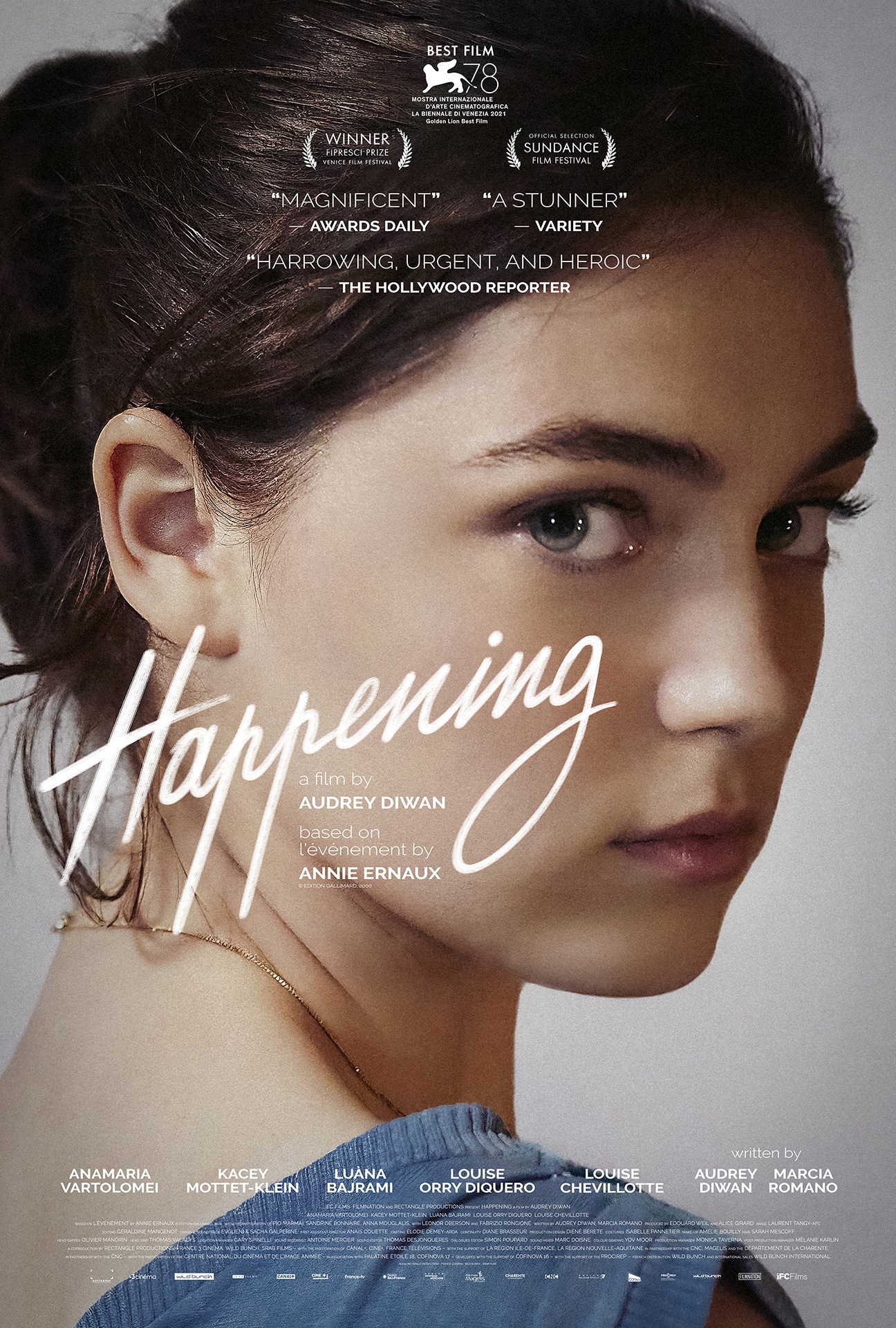 A poster for the film "Happening", with "Happening" written in big letters and a young woman looking over her shoulder