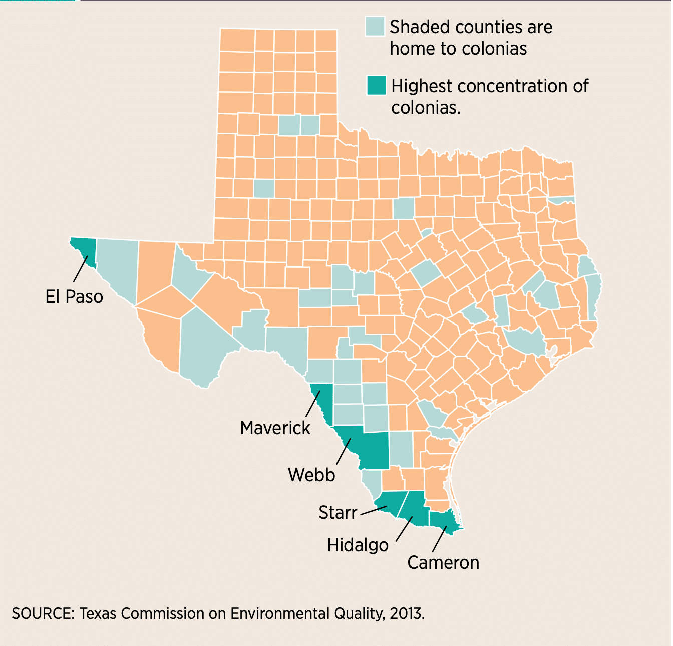 map of the state of Texas depicting the concentration of Colonias with the highest concentrations near the Mexico border