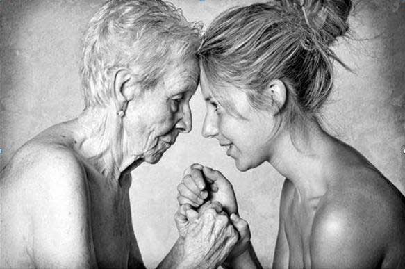 old woman on left and young woman on right seeing each other.