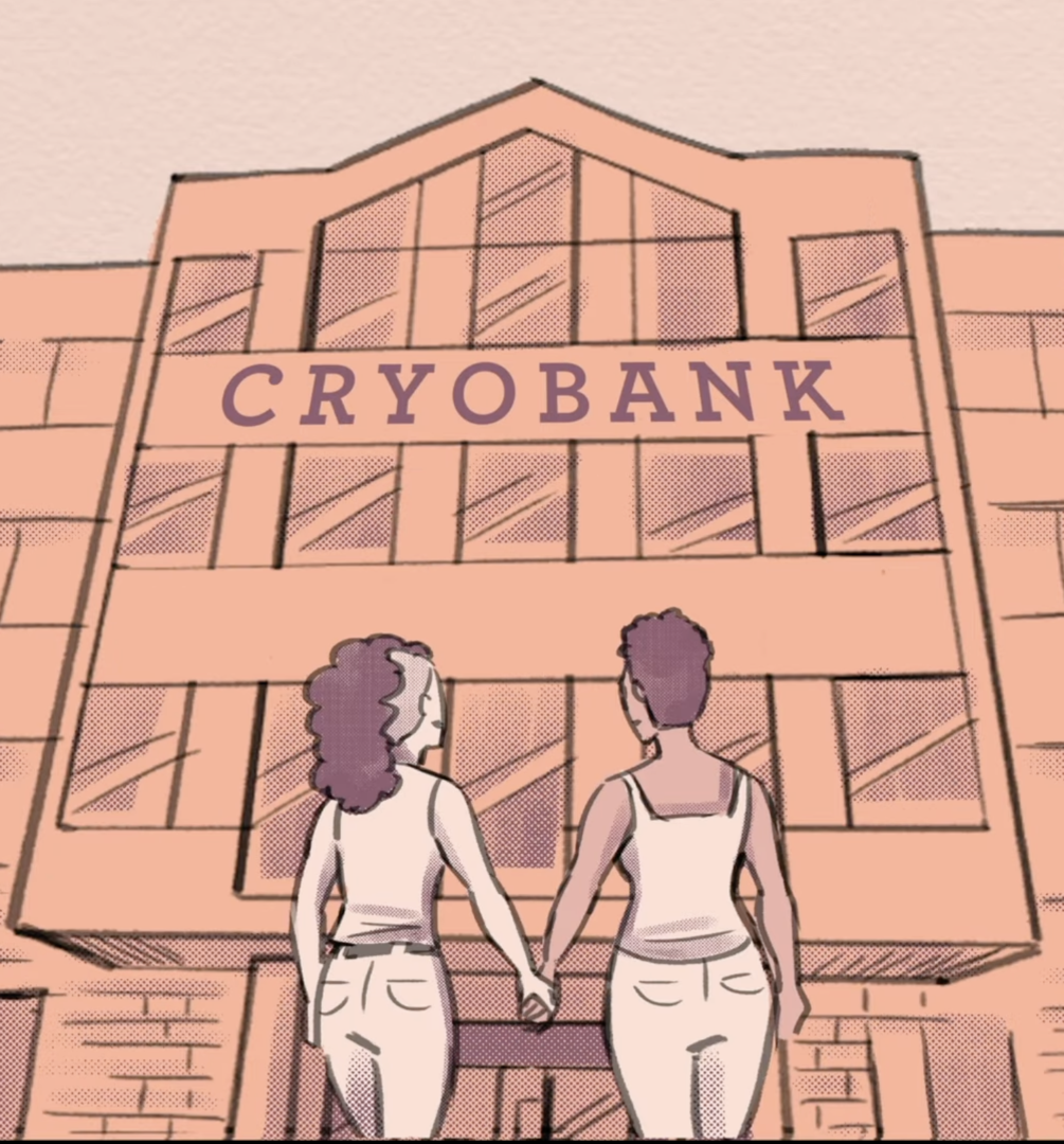 A drawing of a couple walking into a cryobank