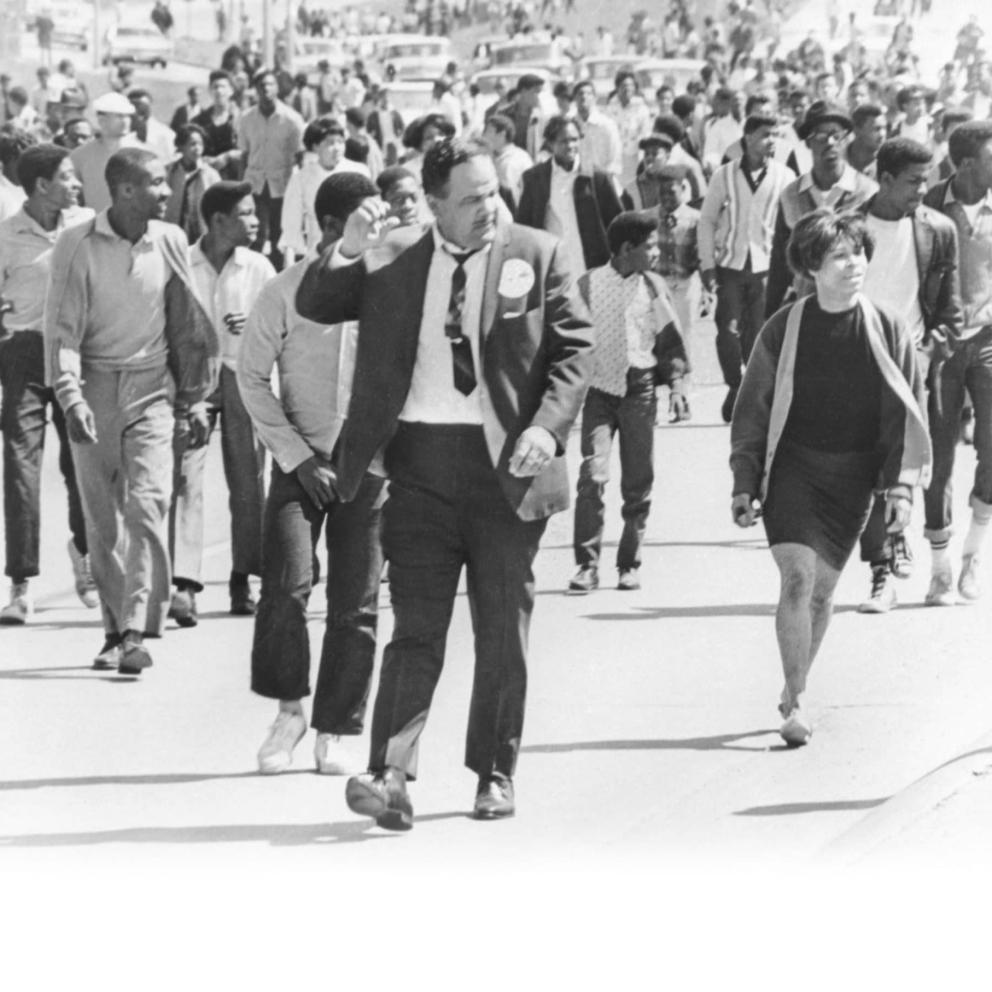 a group of people marching