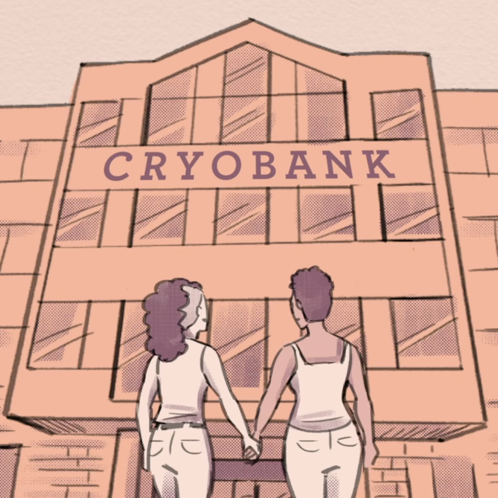 A drawing of a couple walking into a cryobank